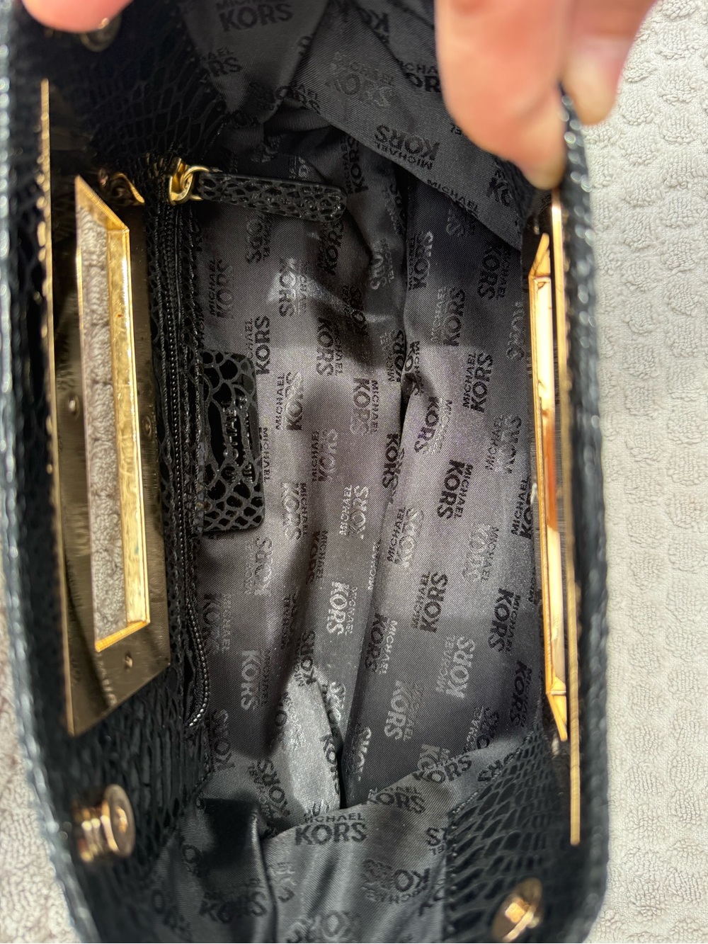 Michael Kors Black Patent Snake-Embossed Clutch with Gold Handle Accent - Picture 2 of 3